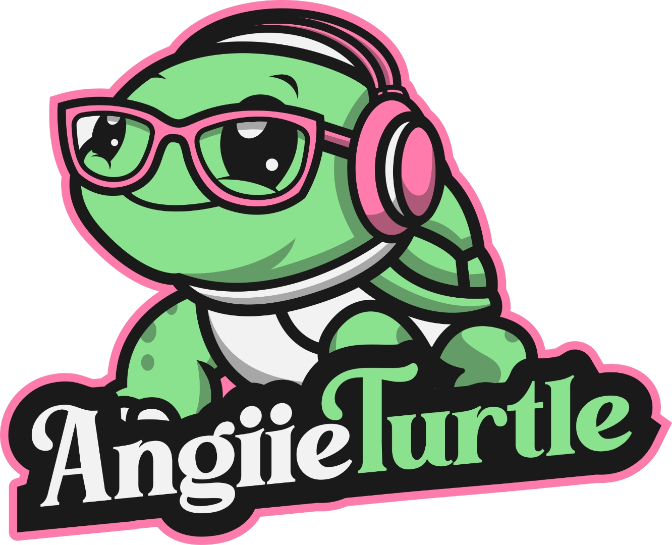 AngiieTurtle mascot — a cute turtle with pink glasses and headphones